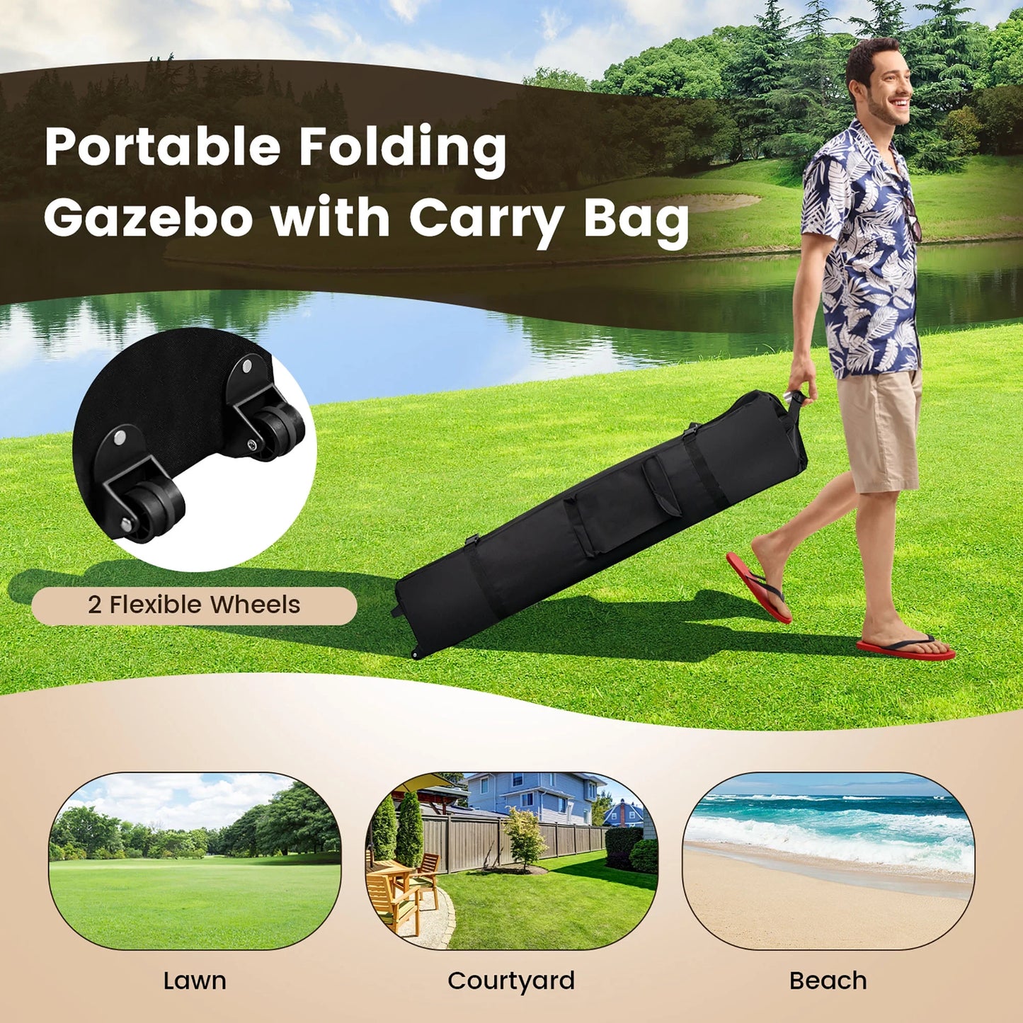 Costway 13x13ft Pop-up Instant Canopy Tent Mesh Sidewall UV50+ Adjust Outdoor Patio Khaki