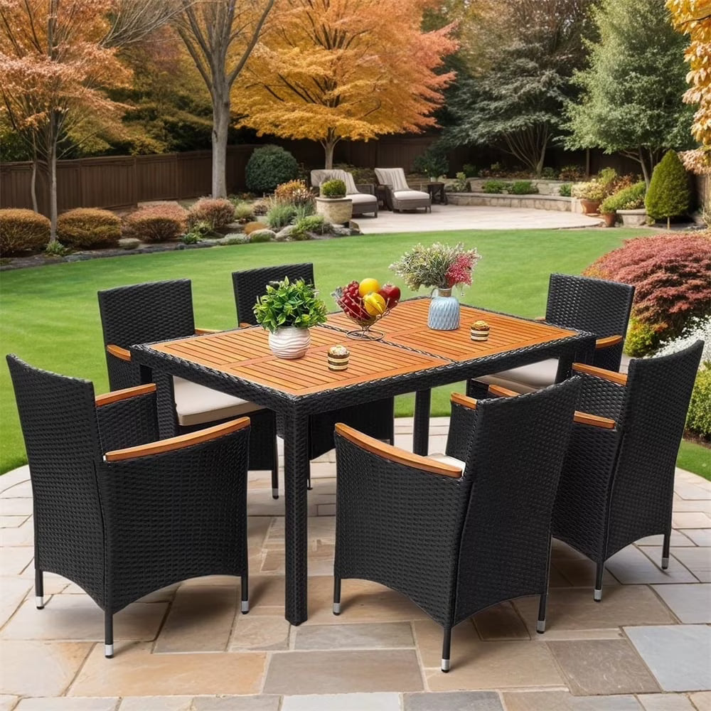 7 Pieces Outdoor Patio Dining Set, Patio Wicker Furniture Dining Set with 6 Chairs and Acacia Wood Top for Yard, Garden, Porch and Poolside, Black
