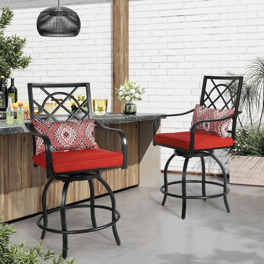 SOLAURA 2 Piece Outdoor Swivel Bar Stools Patio Metal Height Bistro Chairs with Cushions