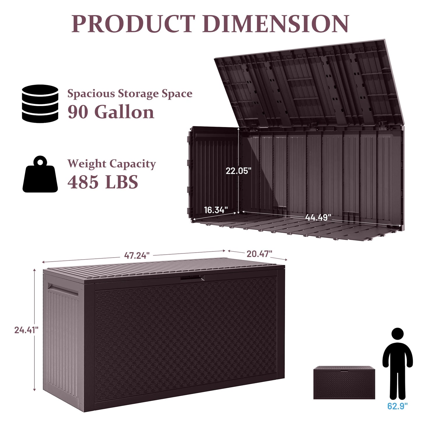 90 Gallon Resin Deck Box, Outdoor Lockable Storage Container for Patio Cushions, Garden Tools, Pool Supplies, Toys, Waterproof and UV Resistant, Brown