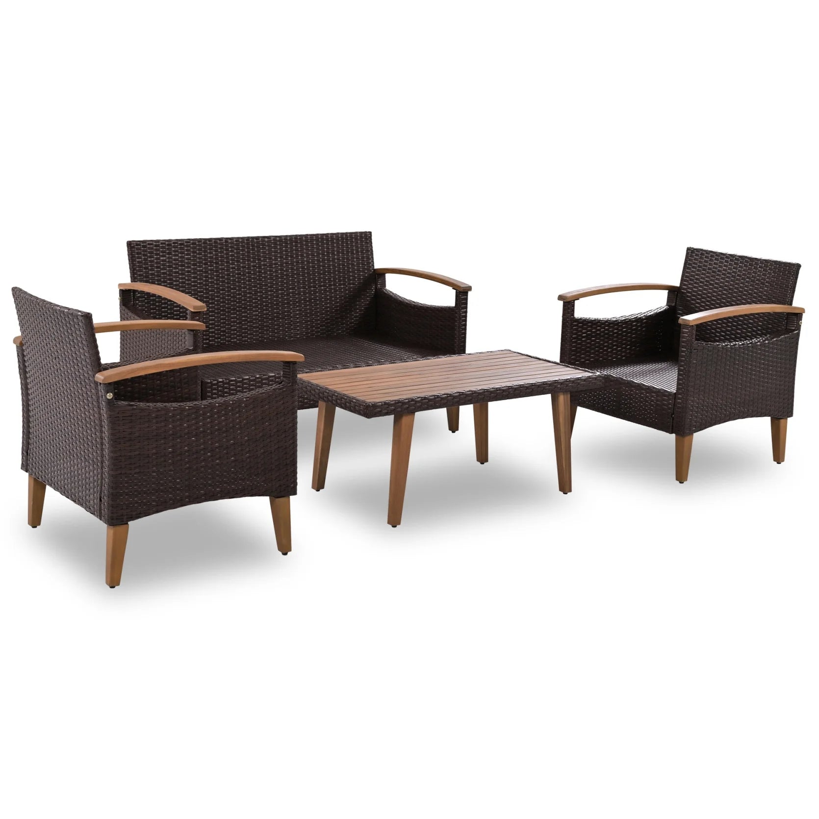 4 Piece Garden Furniture Set, Patio Seating Set with Wood Table, PE Rattan Sofa and 2 Chairs, Outdoor Conversation Set with Table Cover, Pillows and Adjustable Feet, Brown+Beige
