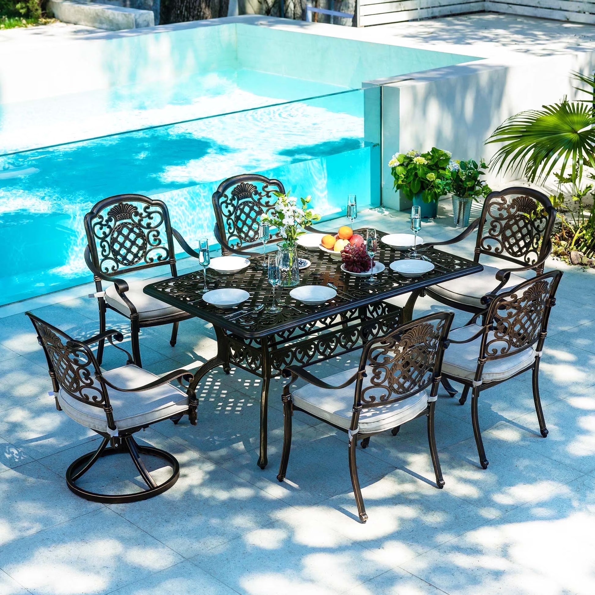 7-Piece Patio Furniture Dining Set, All-Weather Cast Aluminum Outdoor Table and Chairs for 6, Includes 4 Dining Chair & 2 Swivel Chairs & 60? Rectangular Table, Beige