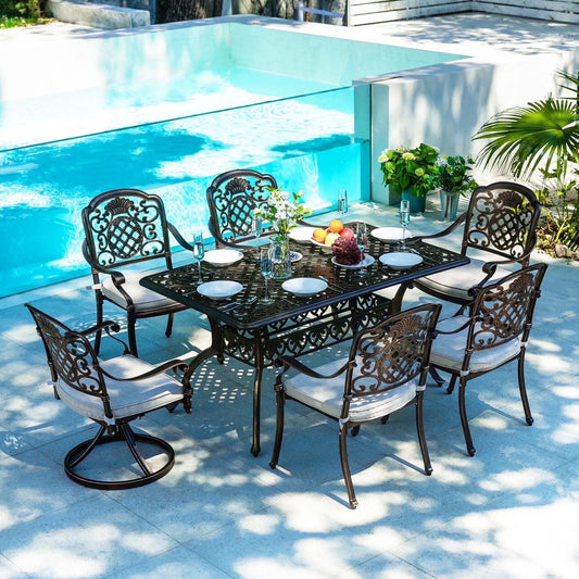 7-Piece Patio Furniture Dining Set, All-Weather Cast Aluminum Outdoor Table and Chairs for 6, Includes 4 Dining Chair & 2 Swivel Chairs & 60? Rectangular Table, Beige