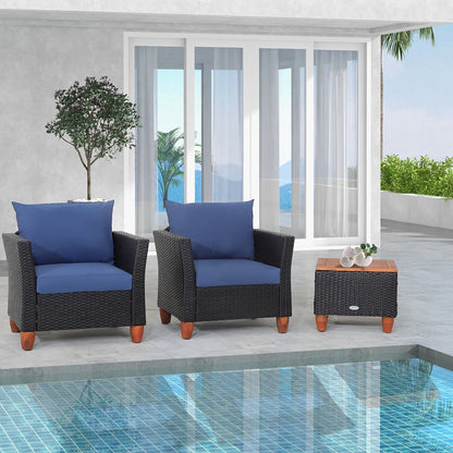 Gymax 3PCS Patio Rattan Conversation Set Outdoor Furniture Set w/Navy Cushions