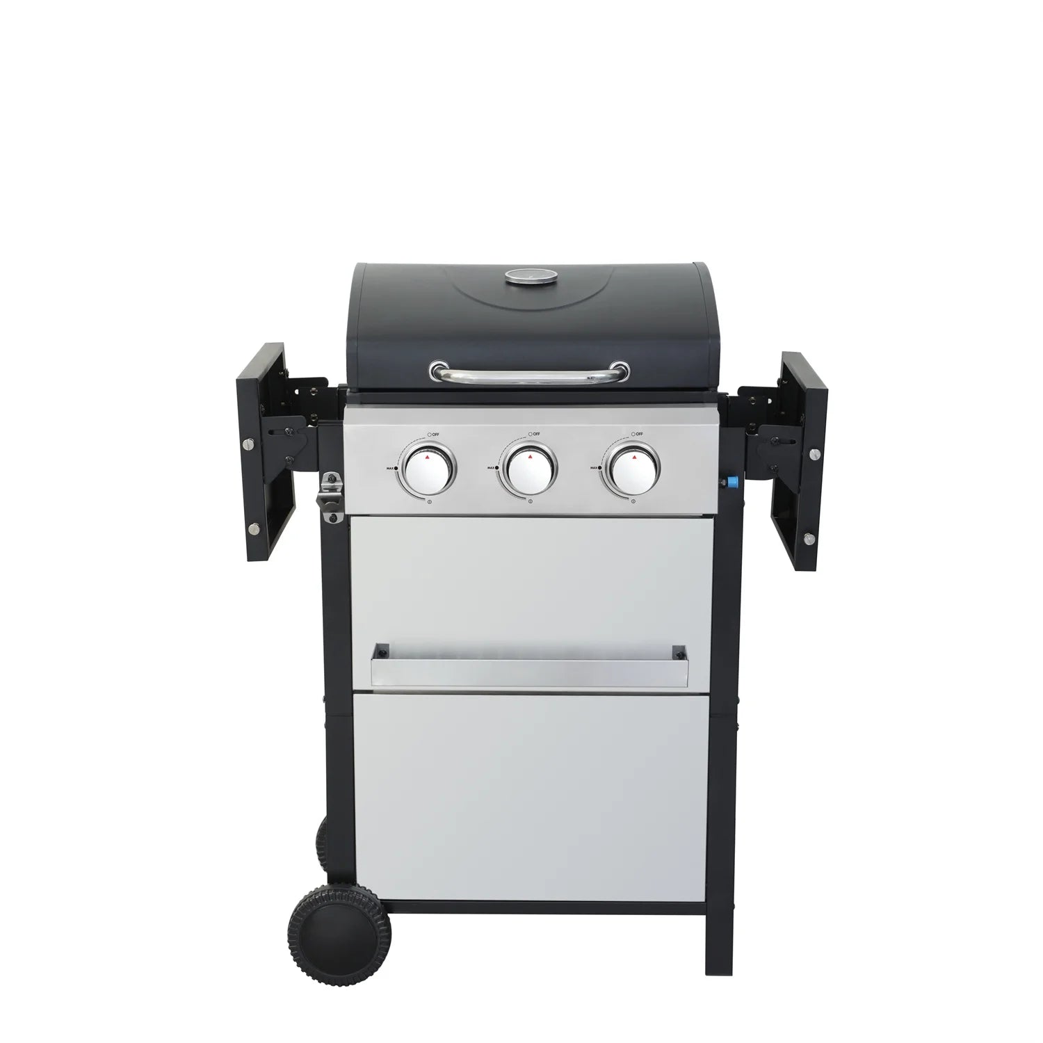 HighSound 3 Burner BBQ Propane Gas Grill, Stainless Steel 25650 BTU Patio Garden Barbecue Grill with Wire Enamel Cooking Grids & Foldable Shelves, Black