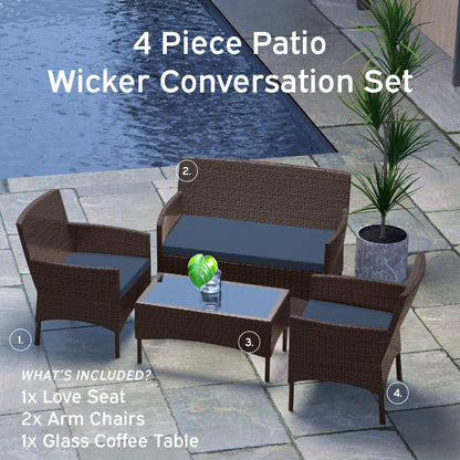 Hearth & Harbor Outdoor Furniture Set, 4 Piece Wicker Patio Chairs Set, Brown with Navy Cushions