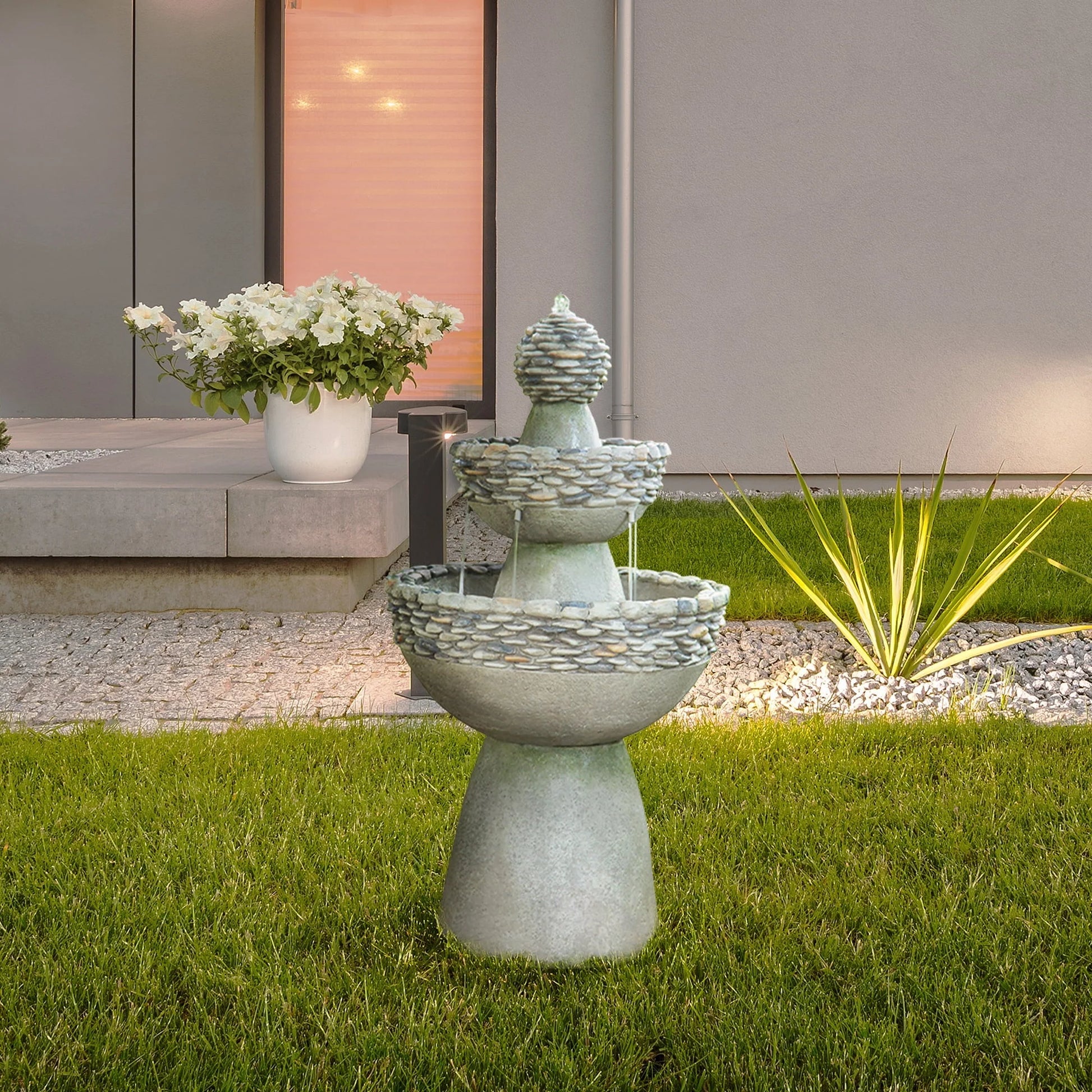 Teamson Home Patios Stone-Look 3-Tier Pedestal Floor Fountain, Gray