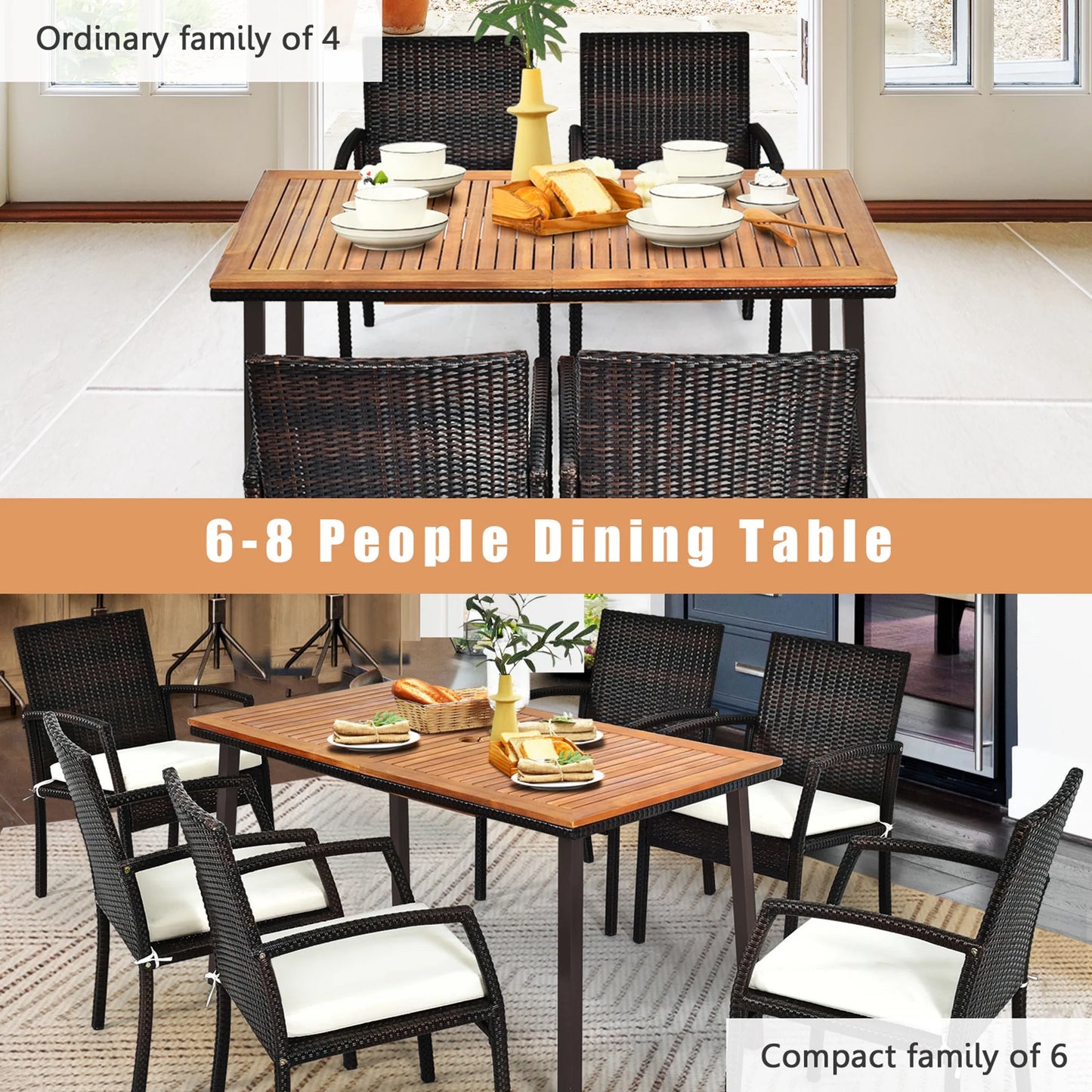 Gymax Rectangle Patio Outdoor Dining Table Acacia Wood Tabletop w/2'' Umbrella Hole