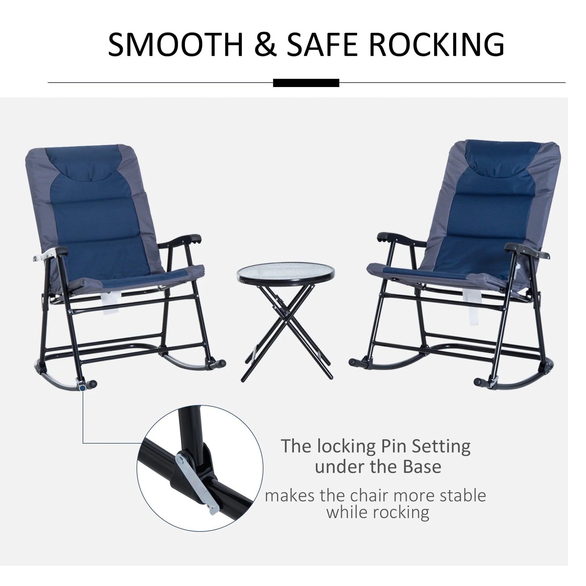 Outsunny 3 Piece Outdoor Patio Furniture Set with Glass Coffee Table & 2 Folding Padded Rocking Chairs, Bistro Style for Porch, Camping, Balcony, Blue