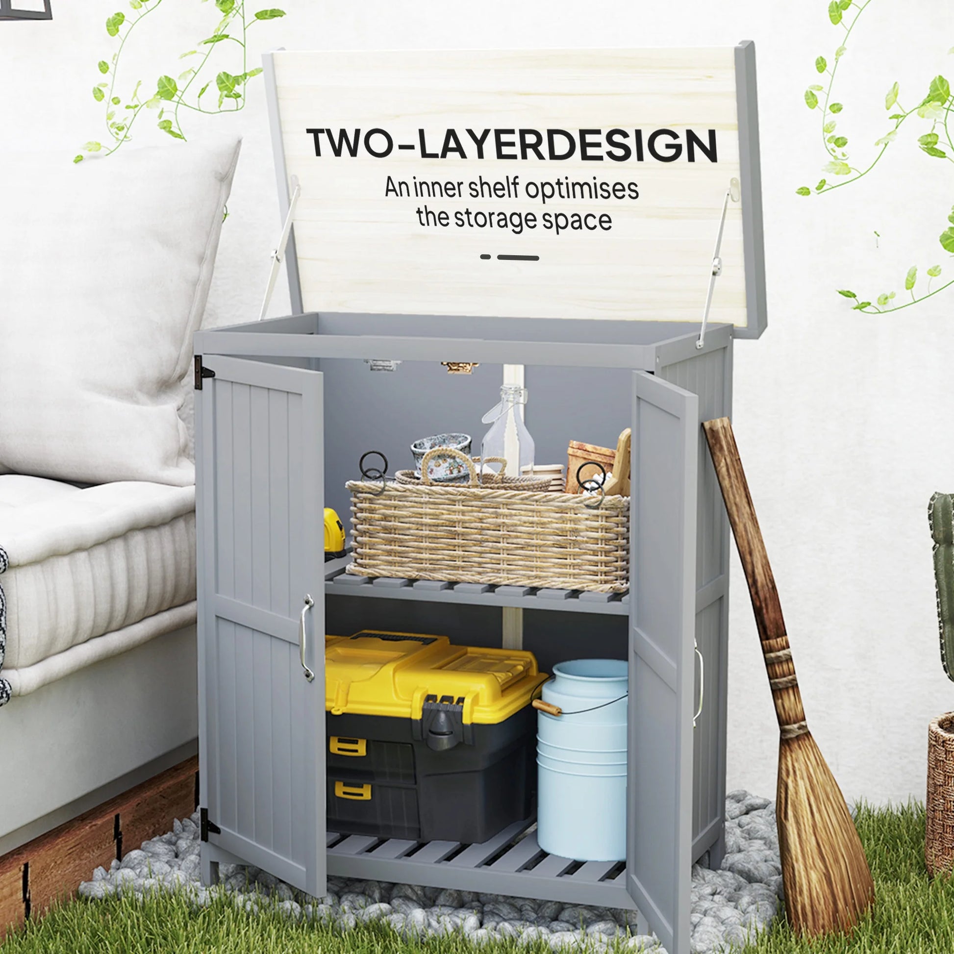 Outsunny Outdoor Garden Shed, Wooden Backyard Shed with Metal Tabletop, Shelf and 2 Doors for Patio, Lawn, Gray