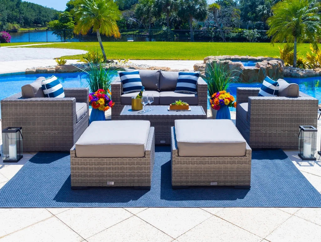 Sorrento 6-Piece M Resin Wicker Outdoor Patio Furniture Lounge Sofa Set in Gray w/Loveseat, Two Armchairs, Two Ottomans, and Coffee Table (Flat-Weave Gray Wicker, Polyester Light Gray)