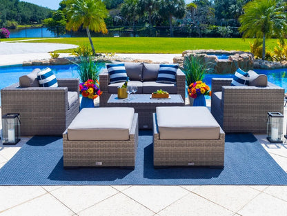 Sorrento 6-Piece M Resin Wicker Outdoor Patio Furniture Lounge Sofa Set in Gray w/Loveseat, Two Armchairs, Two Ottomans, and Coffee Table (Flat-Weave Gray Wicker, Polyester Light Gray)
