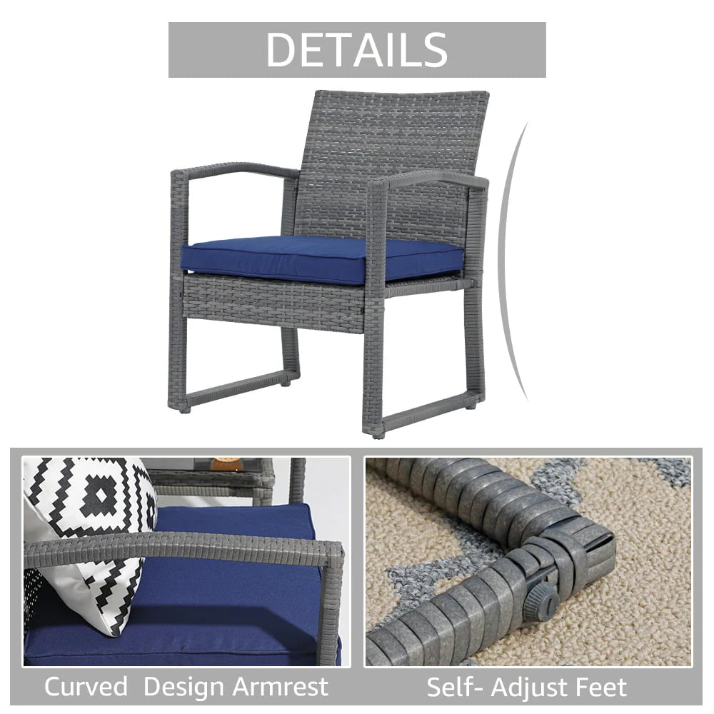 Patiorama 3 Piece Outdoor Modern Bistro Set, Wicker Conversation Set, Patio Rattan Chair Set, Patio Furniture Set with Coffee Table, Garden (Blue)