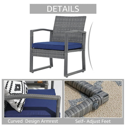 Patiorama 3 Piece Outdoor Modern Bistro Set, Wicker Conversation Set, Patio Rattan Chair Set, Patio Furniture Set with Coffee Table, Garden (Blue)