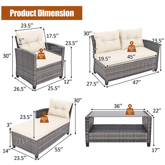 Gymax 4PCS Rattan Patio Conversation Furniture Set Outdoor Sectional Sofa Set White