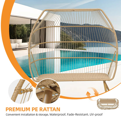 Uforic Beige Dual Egg Seat with Base, 2-Person Wicker Egg Chair for Indoor/Outdoor Patio Use with Cushions, Supports up to 510lbs, Perfect for Patio, Bedroom, Garden, and Balcony