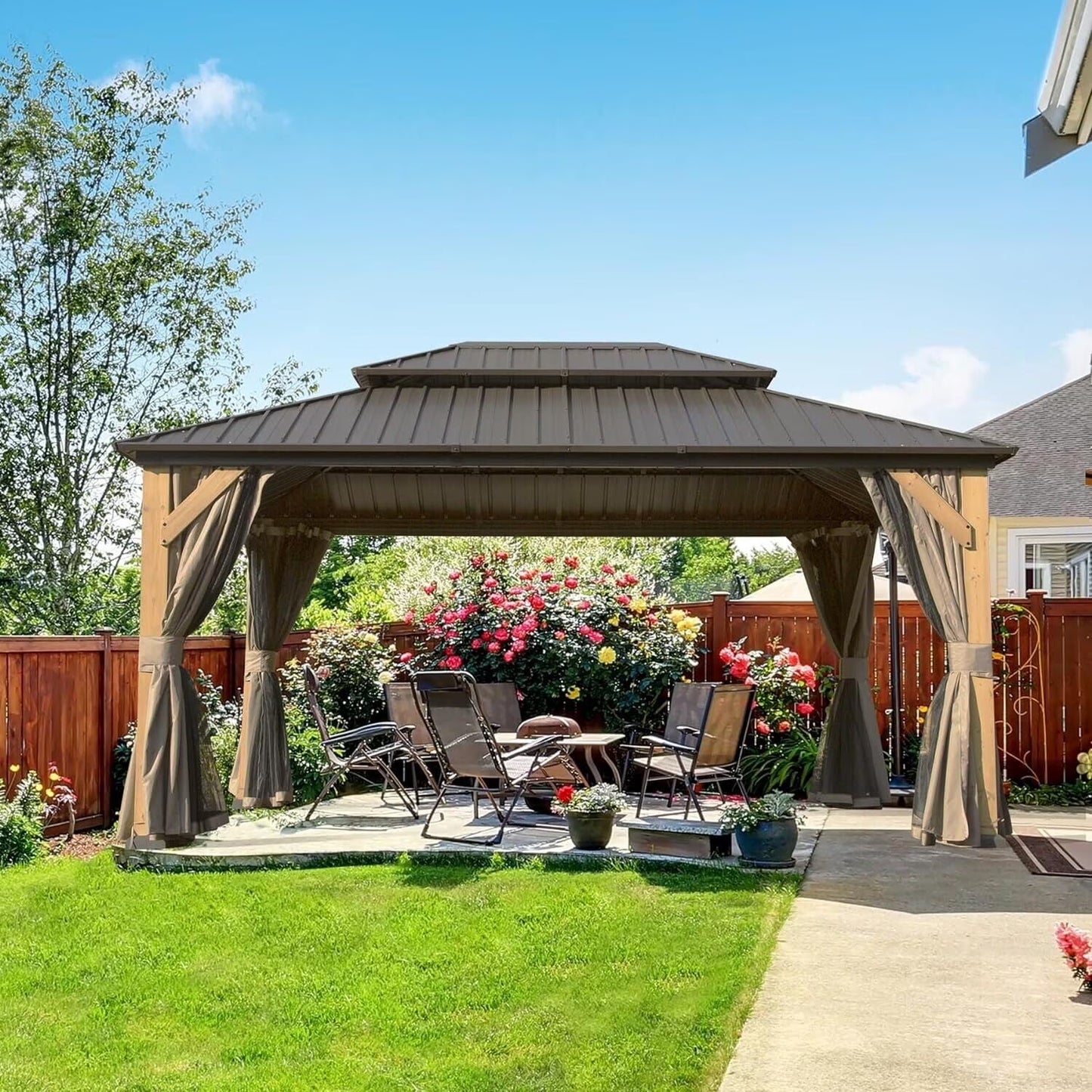Domi 12x20 ft Wood Gazebo, Cedar Wood Frame Hardtop Gazebo with Galvanized Steel Double Roof, Outdoor Gazebo with Netting and Curtains, Patio Gazebo Pergola Pavilion for Patio, Backyard, Deck, Lawns