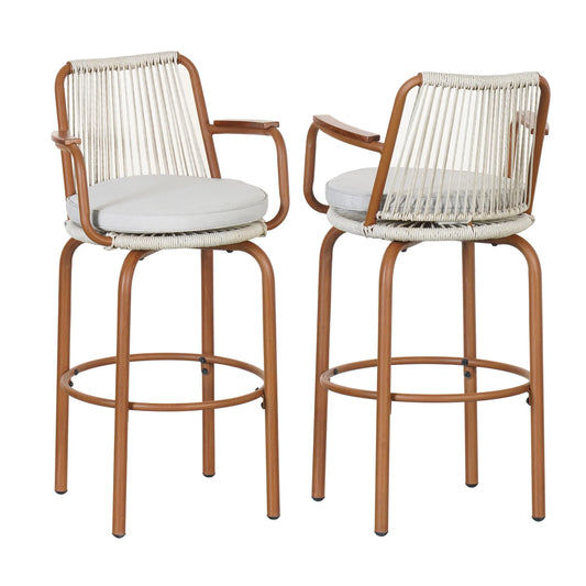 Lyric Modern 29" Outdoor Patio Bar Stools, Bar Chairs with Wood Grain Finish Frame with Hand-Woven PE Rattan Rope, Removable Cushions, Teak+Beige, Set of 2