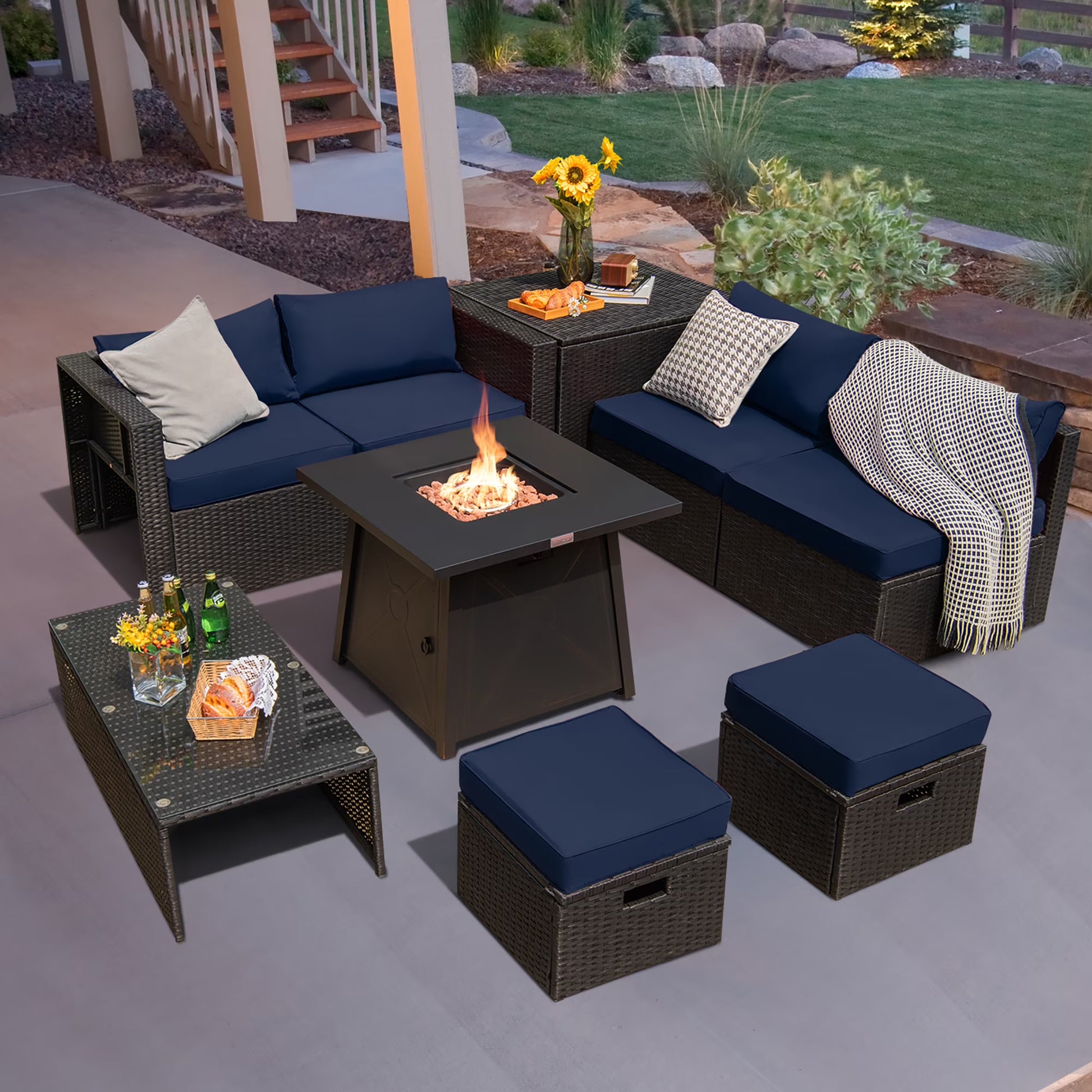 Costway 9PCS Patio Rattan Furniture Set Fire Pit Space-saving W/Cover Red Cushion cover