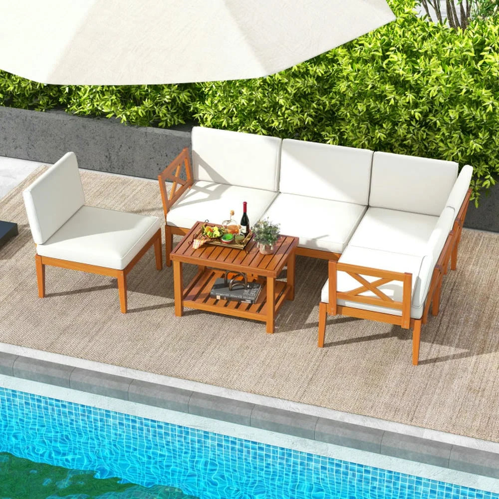Kepooman Outdoor Conversation Sets,Patio Furniture Sets,6 Pieces Acacia Wood Patio Furniture Set with Cushions and 2-Tier Coffee Table-White