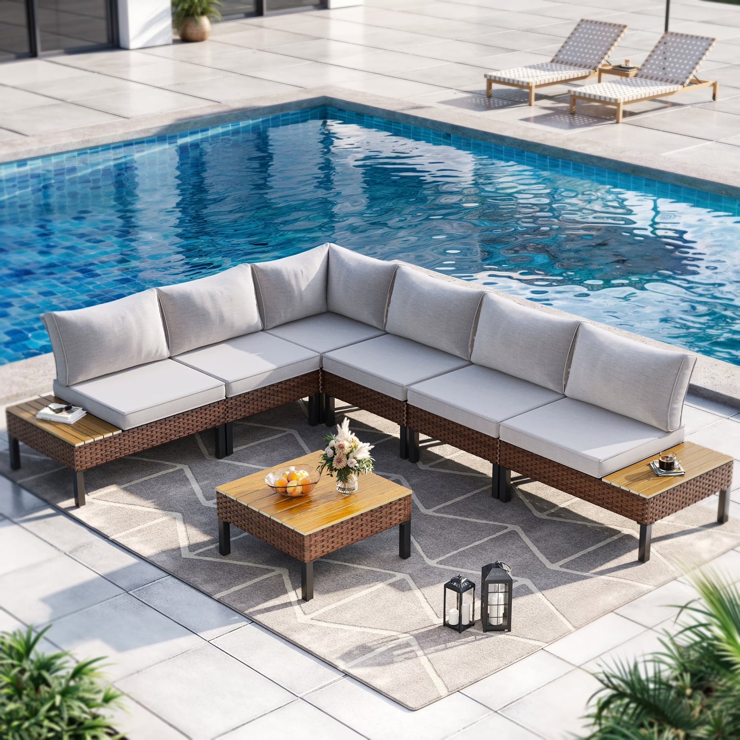 Poteban 5-piece Rattan Outdoor Patio Sofa Set,L-Shaped Sectional Sofa Couch with Coffee Table for Backyard,Lawn,Garden,Navy Blue