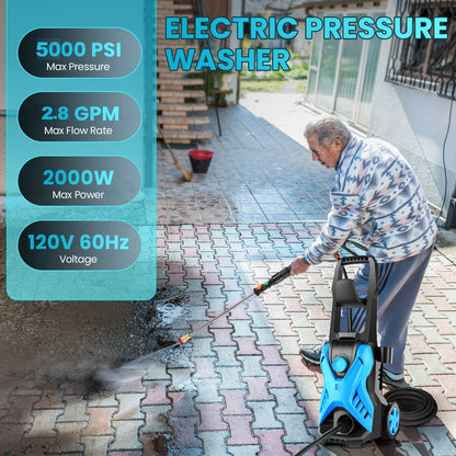 5000 PSI Electric Pressure Washer, 2.8 GPM Power Washer with 33FT Extension Hose, Pressure Adjustable (2500PSI-5000PSI), 4 Quick Connect Nozzles and Foam Cannon for Car/Fence/Driveway/Patio(Blue)