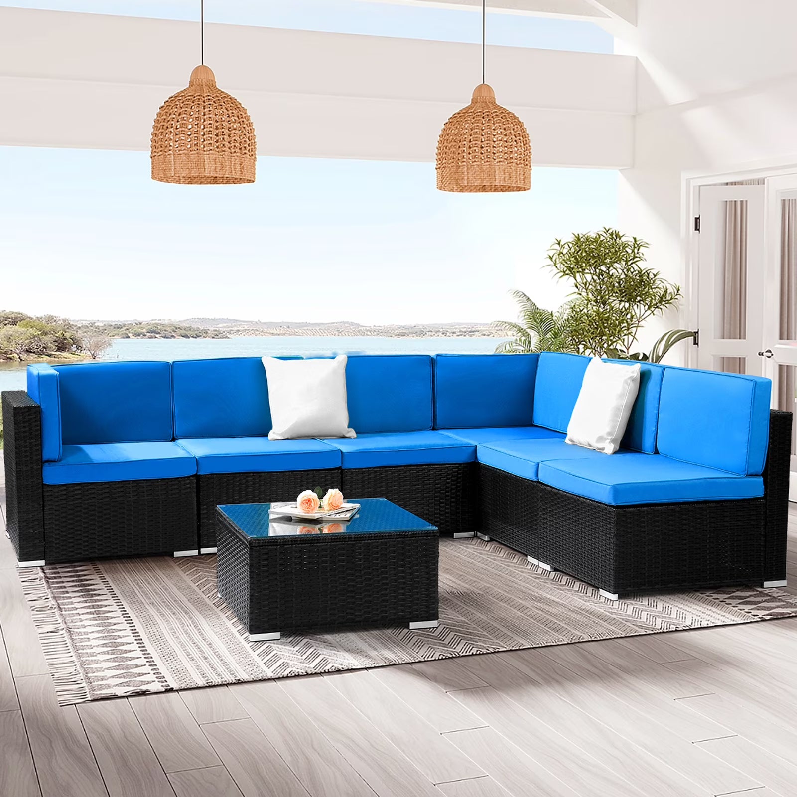 7 Pieces Patio Funiture Set, Outdoor Furniture Sectional Sofa Set,Manual Wicker Rattan Patio Conversation Set Heavy-duty Frame, with Cushions and Table, Gray