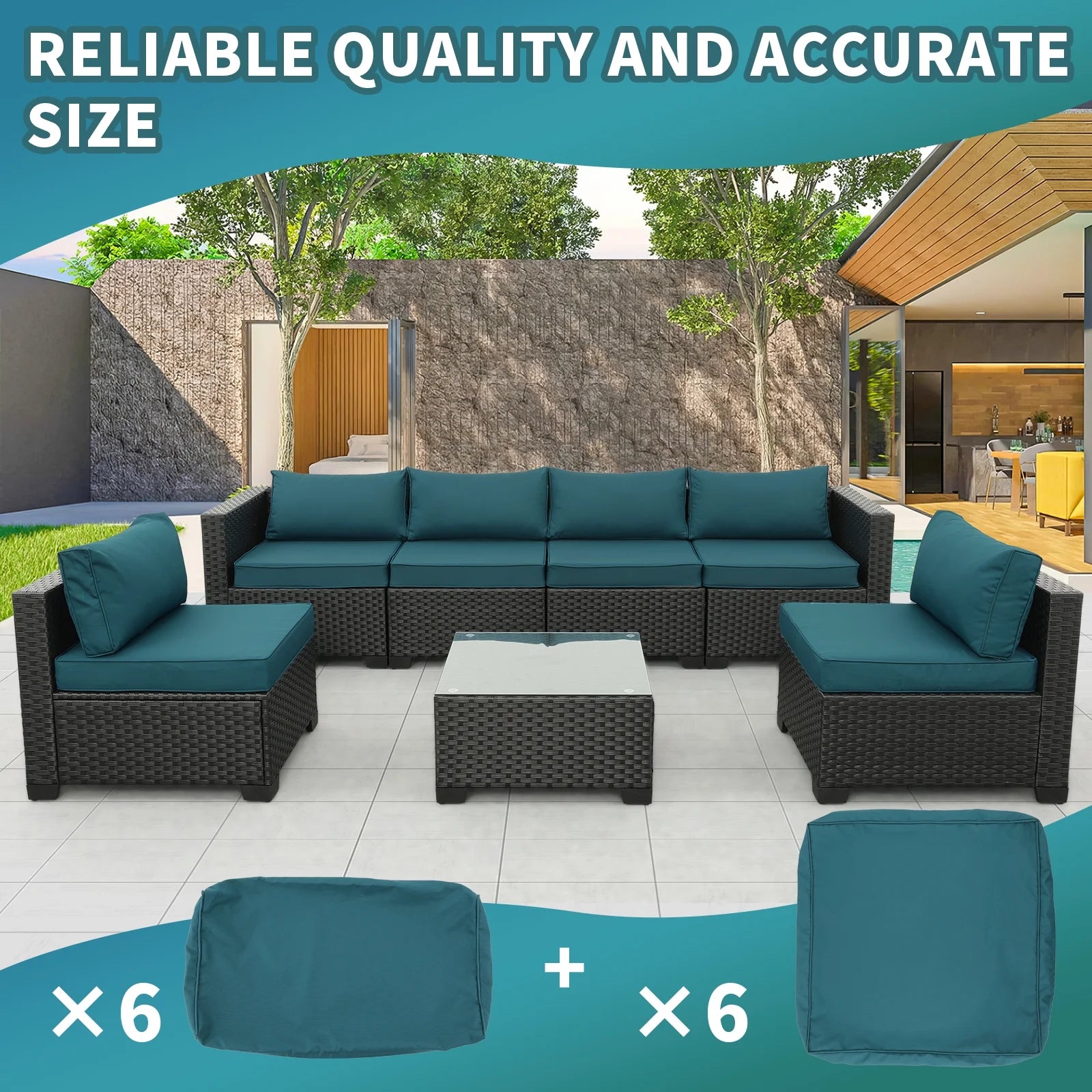 Waroom Outdoor Cushion Covers for Patio Furniture Sets, Water-Resistant Cushion Covers Replacement Set of 12pcs, Non-Slip, Peacock Blue