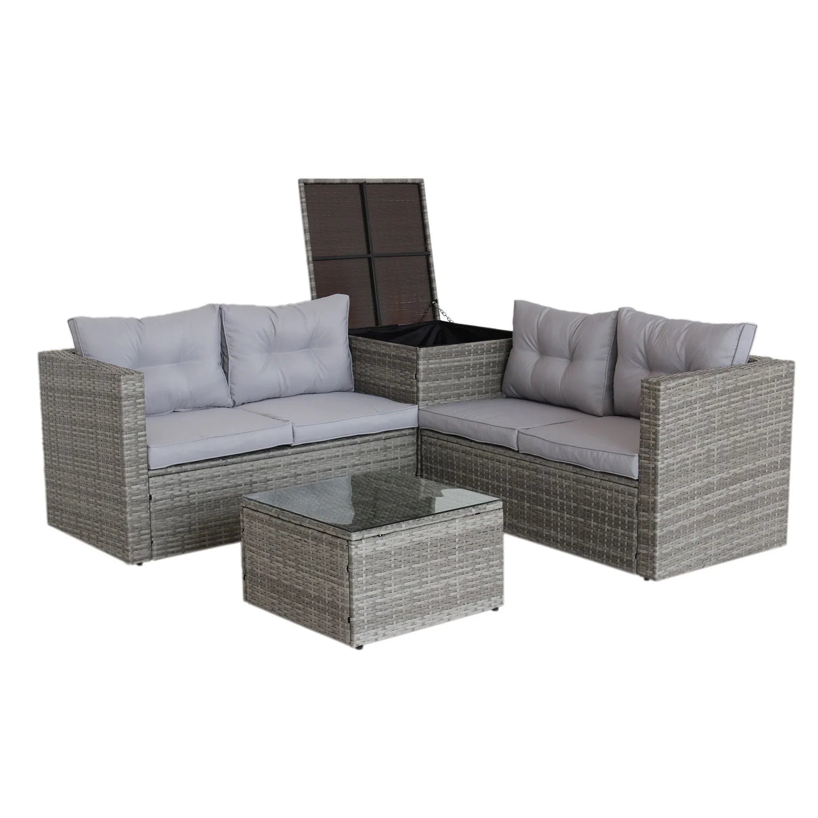 SEGMART Patio Furniture Sets, 4 Piece Patio Furniture Sets with Loveseat Sofa, Storage Box, Tempered Glass Coffee Table, All-Weather Patio Sectional Sofa Set with Cushions for Backyard Garden Pool