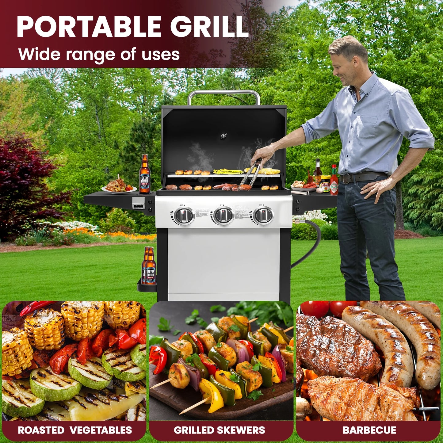 4000BTU Propane Gas Grill, Seizeen Stainless Steel 4-Burner BBQ Grill , Outdoor Patio Camping Portable Grill w/Foldable Side Table, Hanging Basket, Steel Brush, Universal Wheels