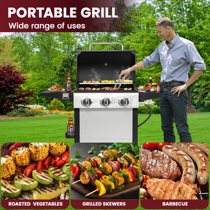 4000BTU Propane Gas Grill, Seizeen Stainless Steel 4-Burner BBQ Grill , Outdoor Patio Camping Portable Grill w/Foldable Side Table, Hanging Basket, Steel Brush, Universal Wheels