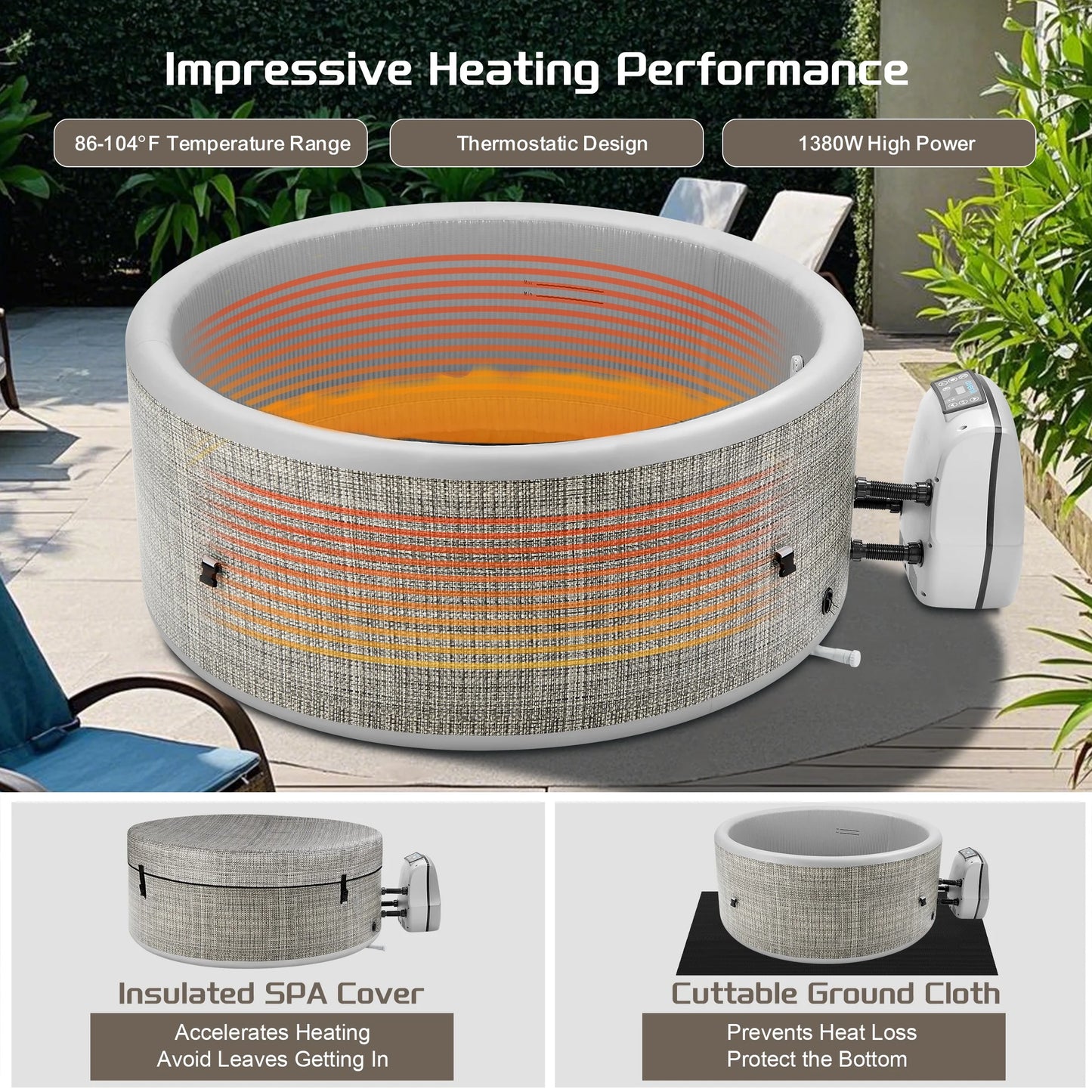 Segmart Inflatable Hot Tub, 3 to 5 Person Outdoor Hot Tub Spa, Portable Round Hot Tub w/100 Jets, Heater Pump, Tub Cover, Ground Cloth, 211Gal Capacity, Fits for Backyard, Patio