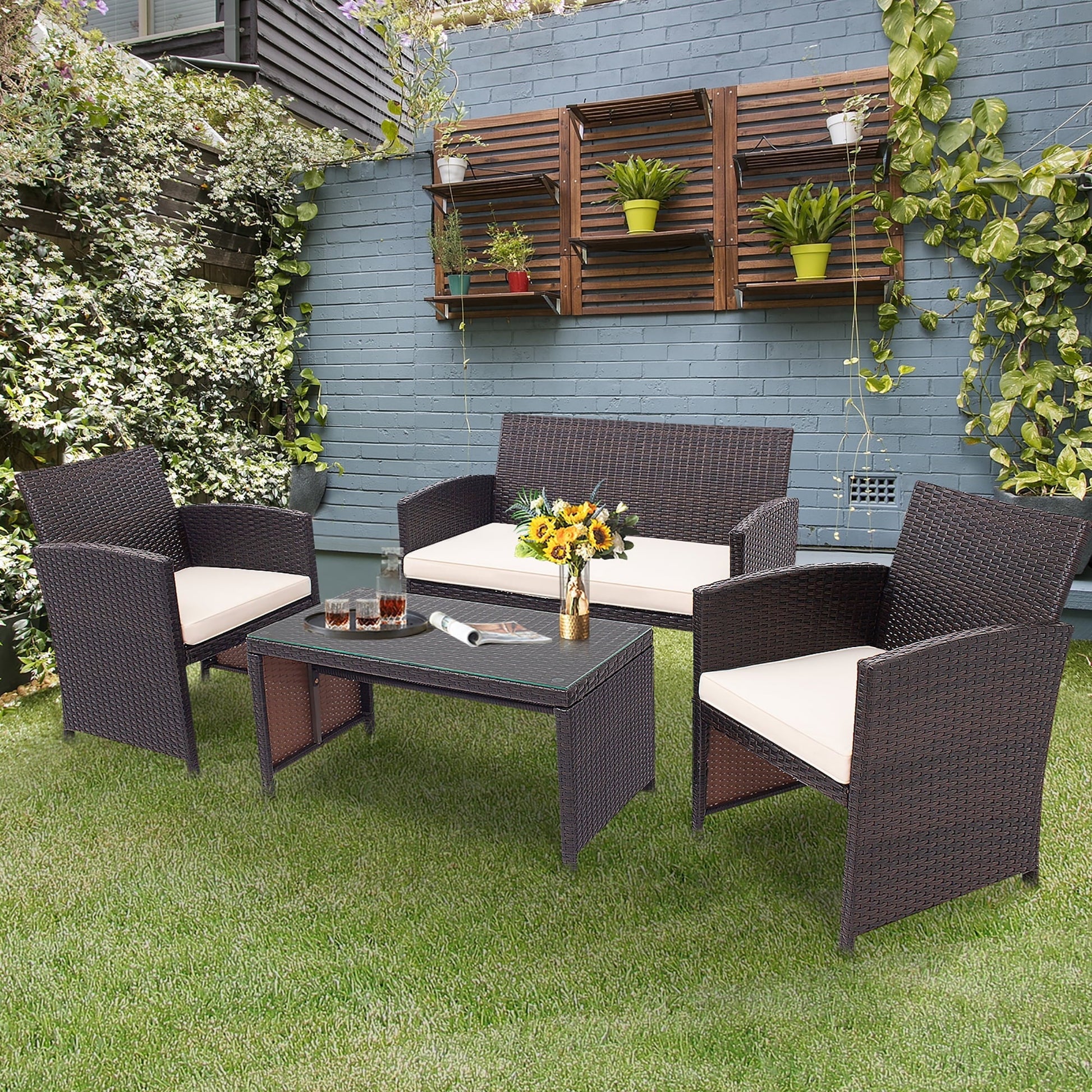 Costway 4PCS Patio Rattan Furniture Set Cushioned Chair Sofa Coffee Table White Modern Outdoor Furniture Set For Four