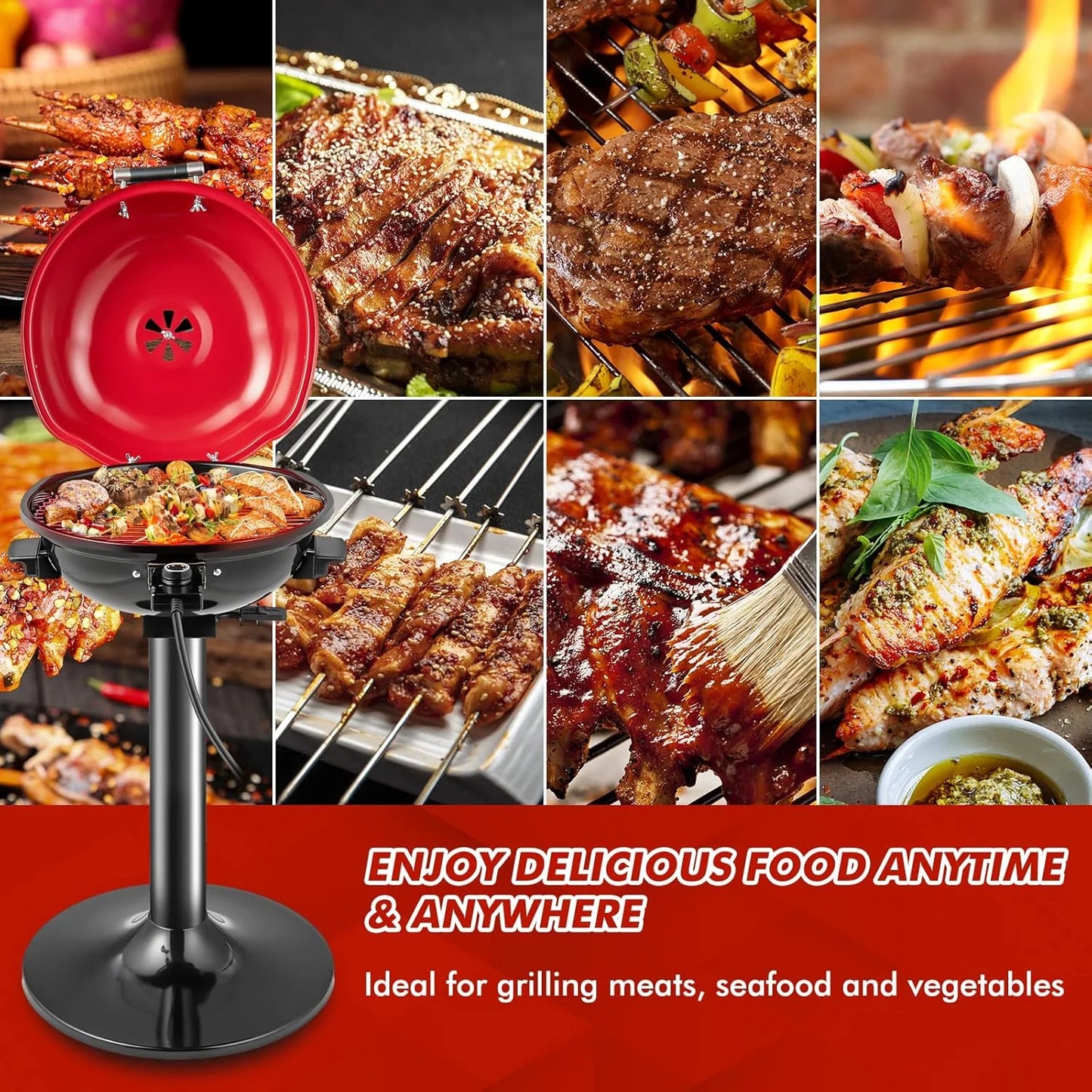 NALYL 1600W Outdoor Electric Grill BBQ Grill for 15-Serving, Electric Barbecue Grill for Indoor & Outdoor Use, Portable Stand BBQ Grill for Patio Balcony Kitchen Garden