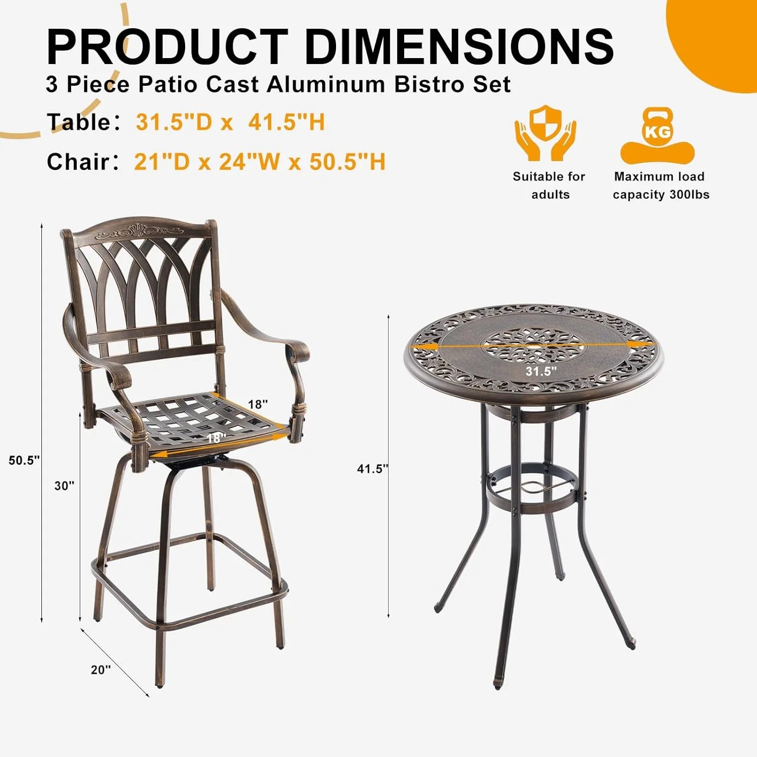 Bar Height Outdoor Table and Chairs, 3 PCS Cast Aluminum Patio Swivel Bar Set Include 31.5" Outdoor High Top Table and Barstool Set of 2 with Cushions