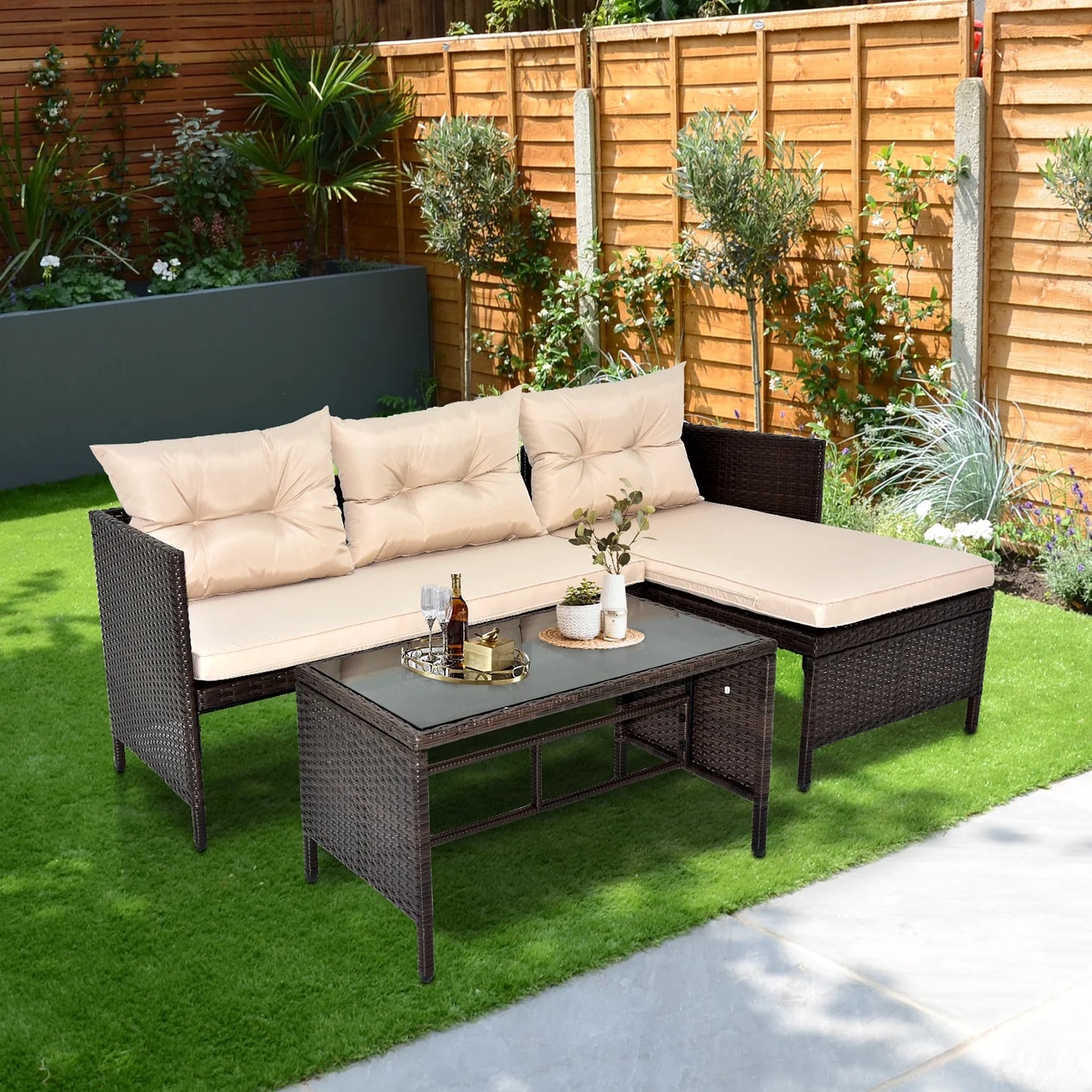 Outdoor Patio Furniture Set of 3, Rattan Wicker Outdoor Swivel Glider Rocker w/Table and Cushions, Brown