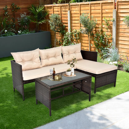 Outdoor Patio Furniture Set of 3, Rattan Wicker Outdoor Swivel Glider Rocker w/Table and Cushions, Brown