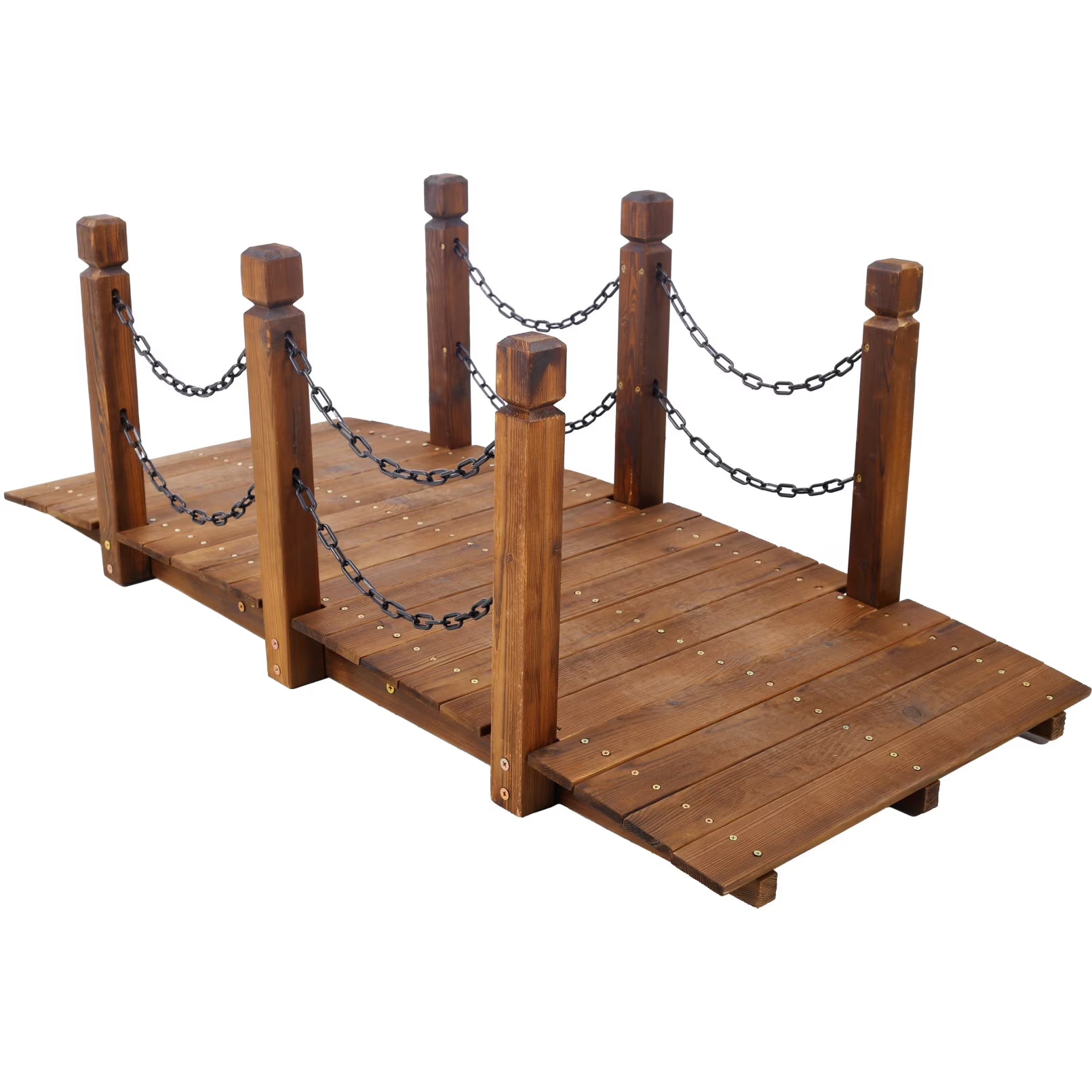 5 FT Wooden Garden Bridge, Stained Wood Arc Footbridge with Chain Railings, Outdoor Lawn Pond Bridge for Garden, Yard, Patio, Courtyard, Farm, Creek, Brown