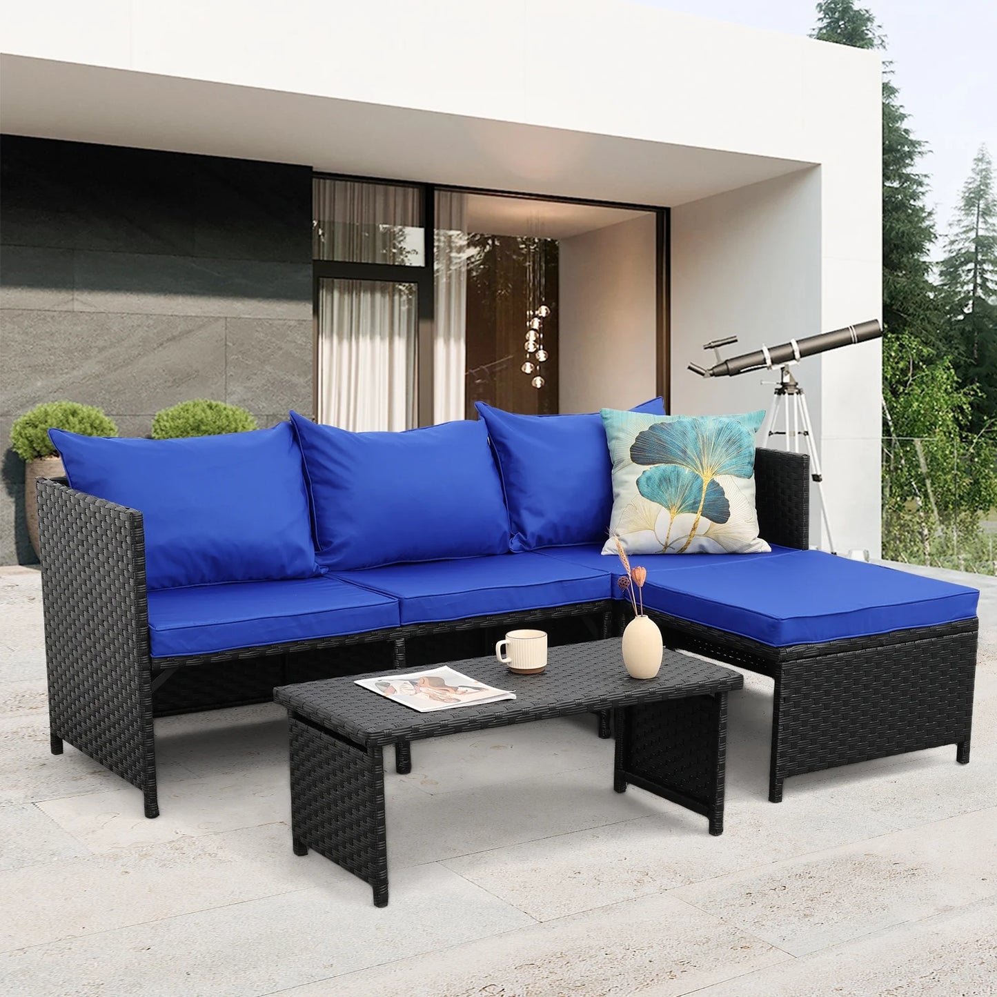 Waroom Outdoor Furniture Set 3 Pieces Patio Wicker Conversation Chairs and Coffee Table, Royal Blue