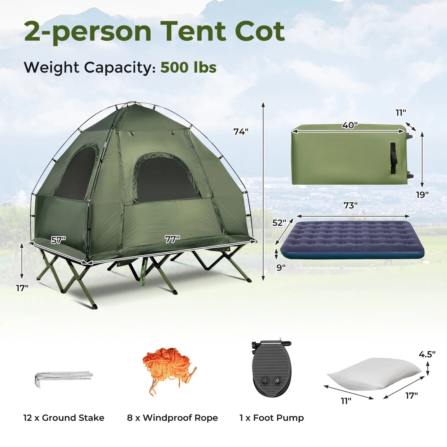 Patiojoy Folding 2-Person Camping Tent Cot Portable Pop-Up Tent with Sleeping Bag& Air Mattress for Outdoor Activity