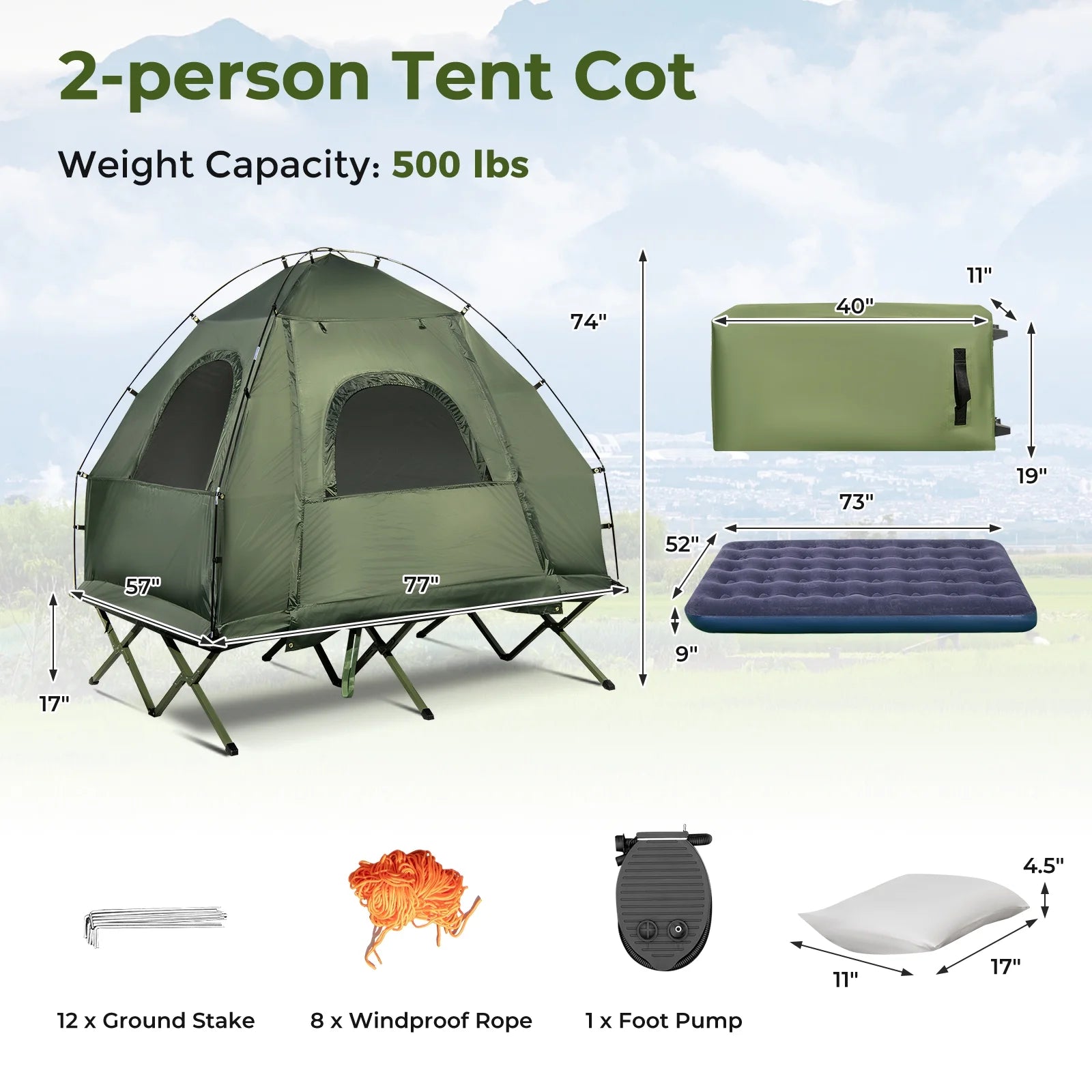 Patiojoy Folding 2-Person Camping Tent Cot Portable Pop-Up Tent with Sleeping Bag& Air Mattress for Outdoor Activity