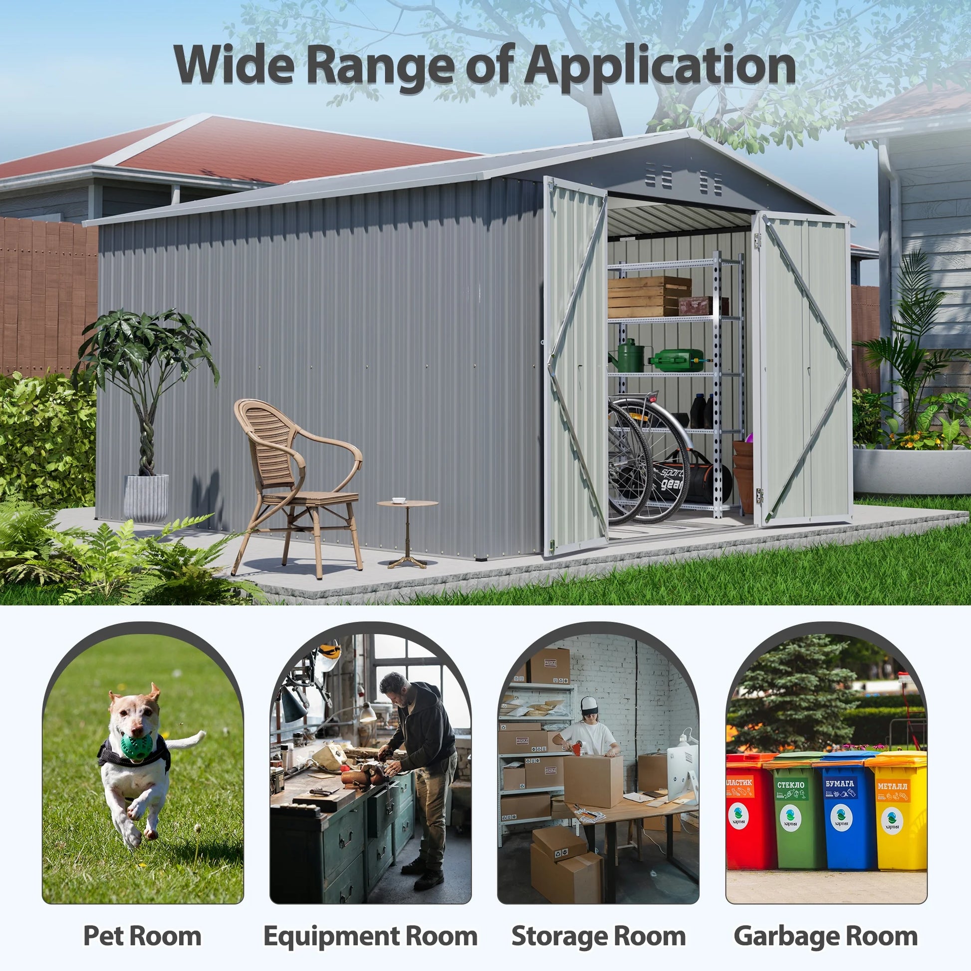 LZBEITEM 10 x 10 ft Outdoor Storage Shed with Floor Frame Kit, Galvanized Steel Garden Sheds, Garden Tool Shed with Double Lockable Doors for Backyard Patio Lawn, Grey