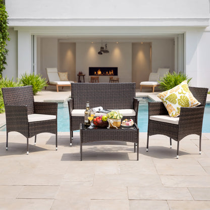 Lacoo 4 Pieces Patio Conversation Set Outdoor PE Rattan Wicker Chairs Set and Table, Brown