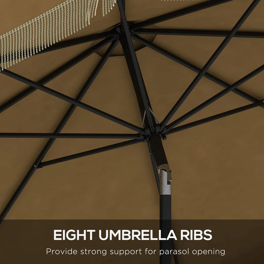 DUOSONG Outsunny 9Ft Patio Umbrella With Push Button Tilt And Crank, Ruffled Outdoor Market Table Umbrella With Tassles And 8 Ribs, For Garden, Deck, Pool, Tan Tan Polyester Garden & Outdoor Canopies