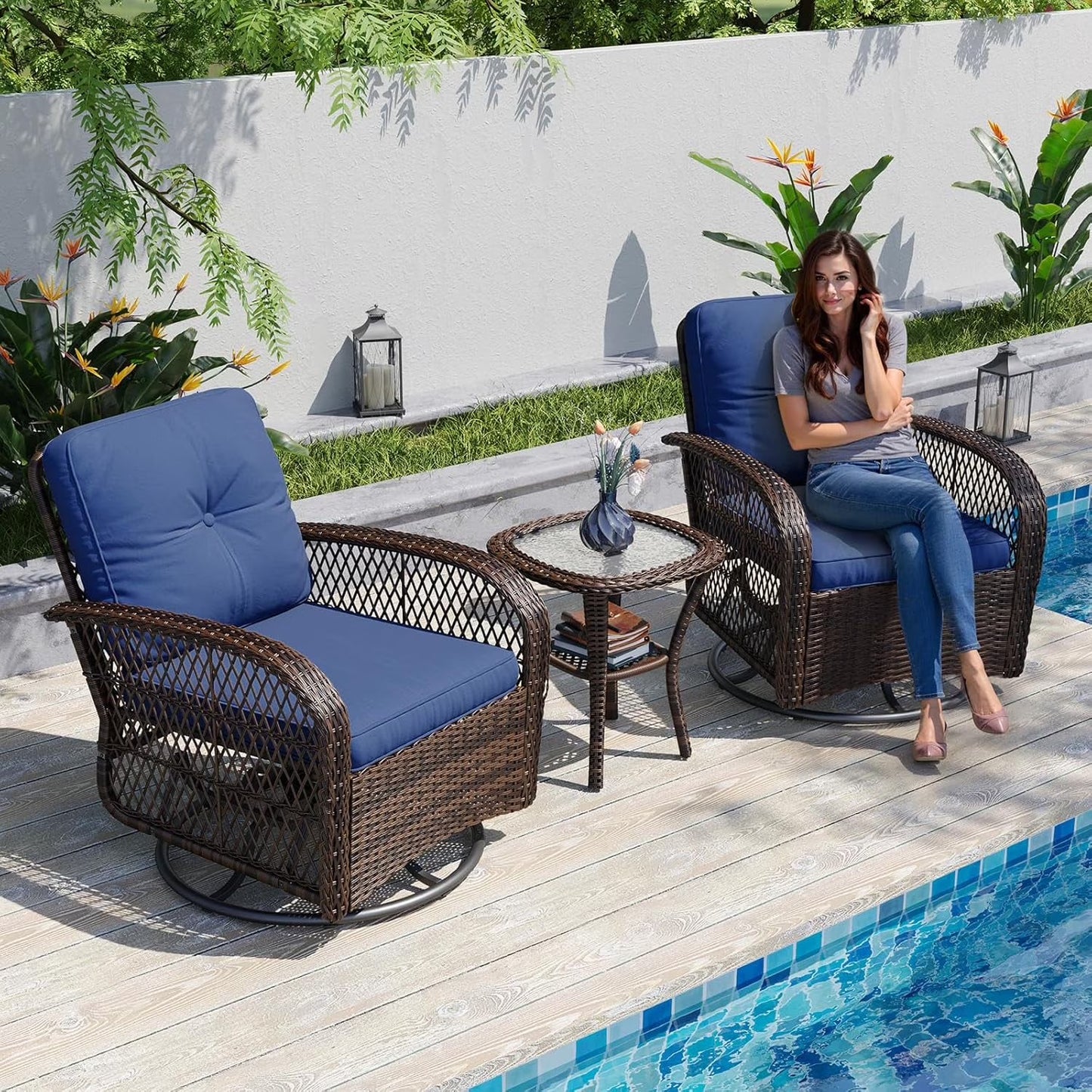 Aoxun 3 Pieces Patio Furniture Set, Patio Swivel Rocker Chairs Set of 2, Wicker Outdoor Bistro Set with Rocking Chair, Thickened Cushions and Table for Porch (Red)