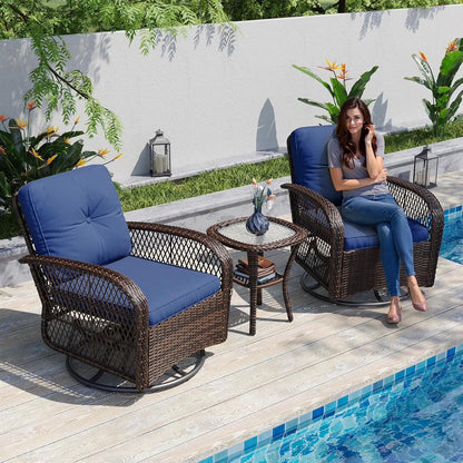 Aoxun 3 Pieces Patio Furniture Set, Patio Swivel Rocker Chairs Set of 2, Wicker Outdoor Bistro Set with Rocking Chair, Thickened Cushions and Table for Porch (Red)