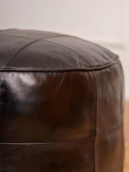 HANDMADE ECO-FRIENDLY ROUND SHAPED STUFFED LEATHER BLACK POUF - 14" x 14" x 14", Round Shape, Black Color, , Seating Pouf For Living Room, Study Room, Patio & Office