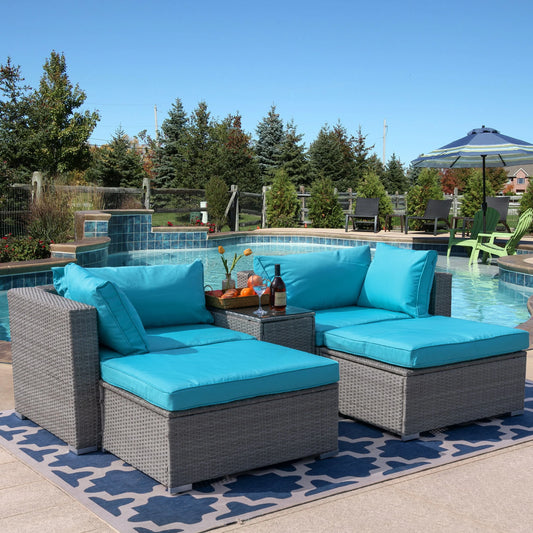 5 Pieces Outdoor Rattan Patio Sofa Set with Blue Cushions