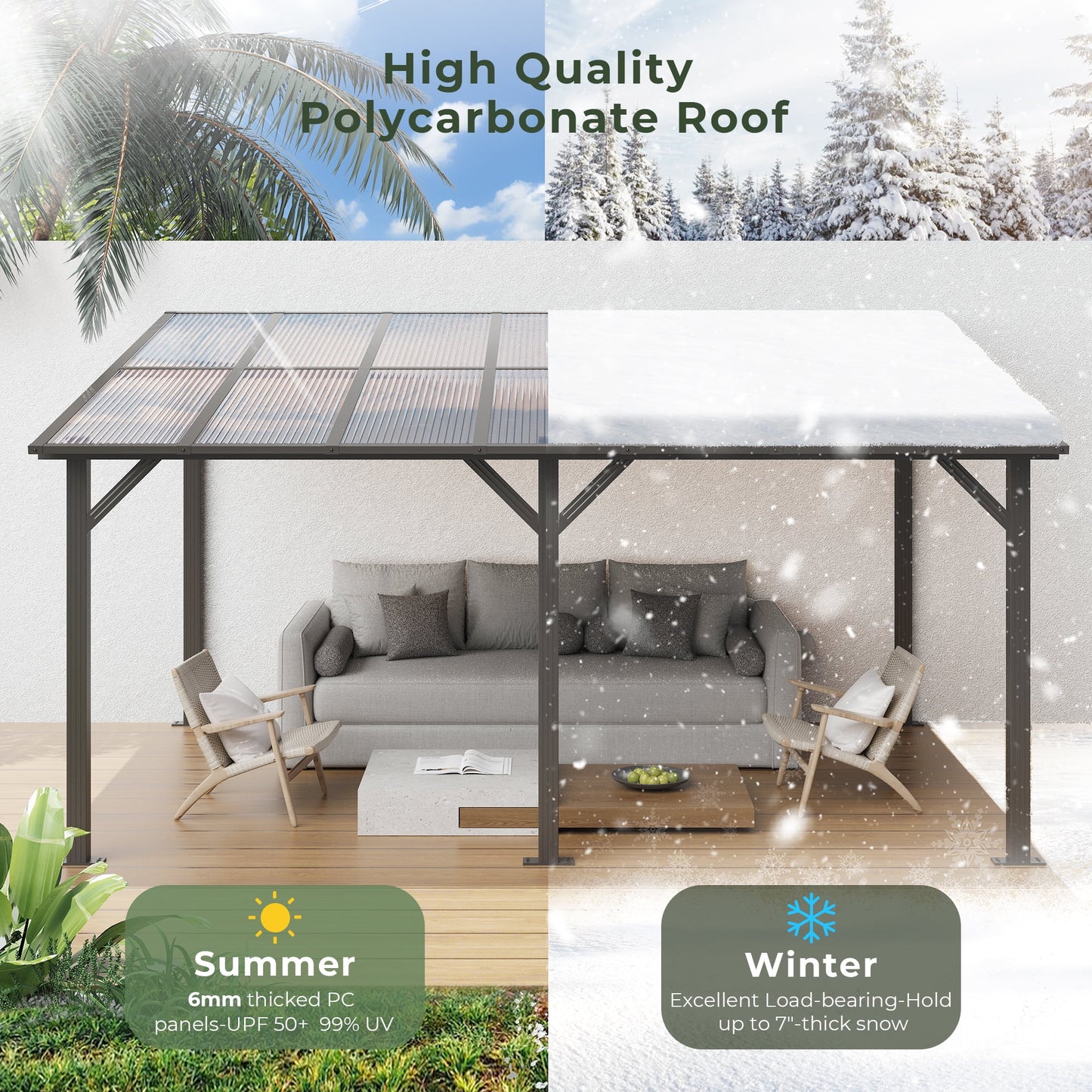 GVDV 14' x 10' Hardtop Gazebos Pergola, Outdoor Wall Mounted Gazebos with Aluminum Frame and Thickened columns for Patio,Backyard,Garden