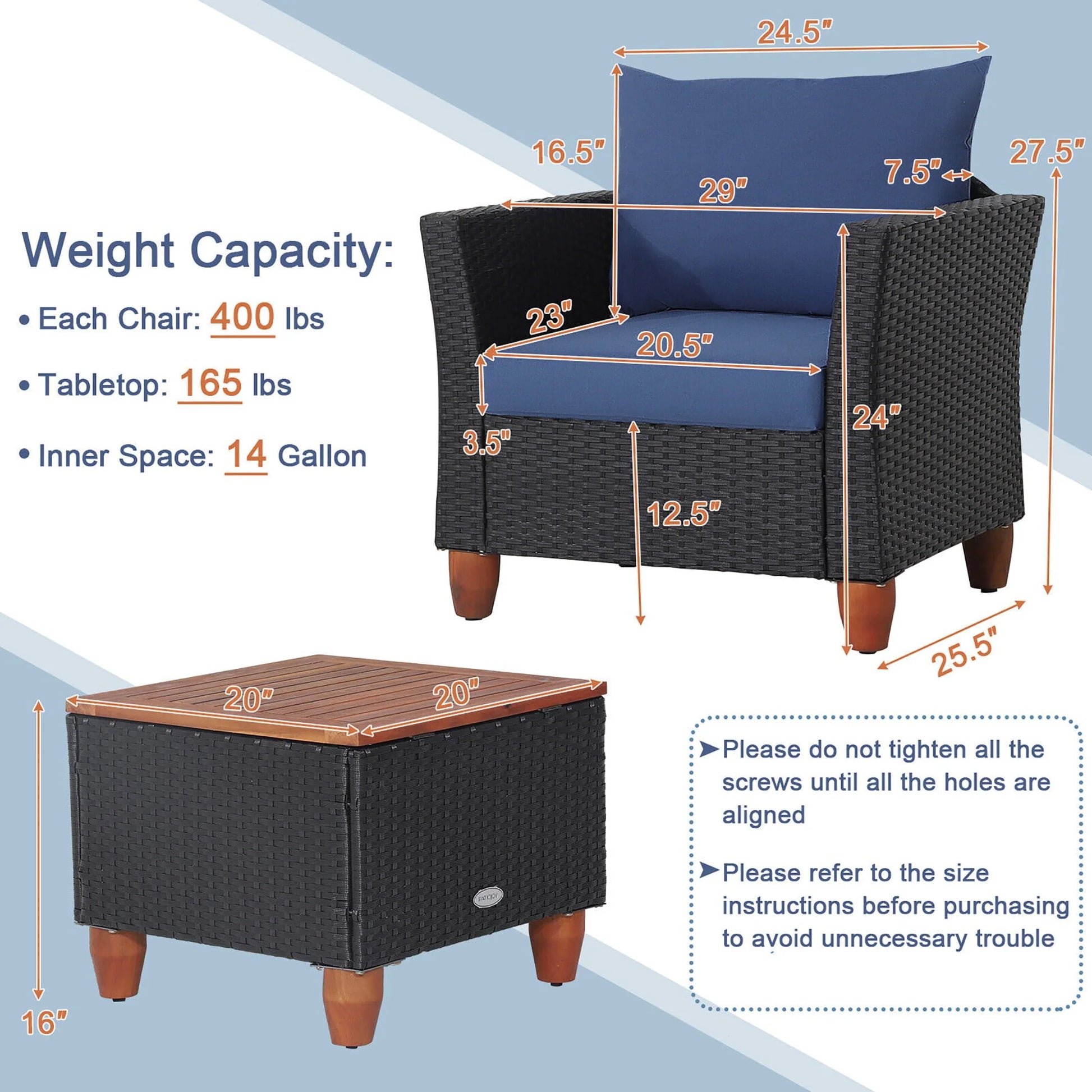 Gymax 3PCS Patio Rattan Conversation Set Outdoor Furniture Set w/Navy Cushions